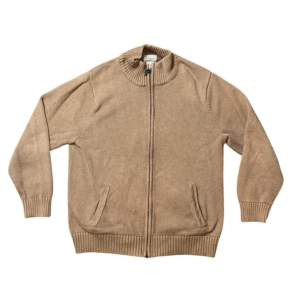 LL Bean Mens Large Full Zip Cotton Cardigan Sweater Tan Brown Mock Neck HJS6